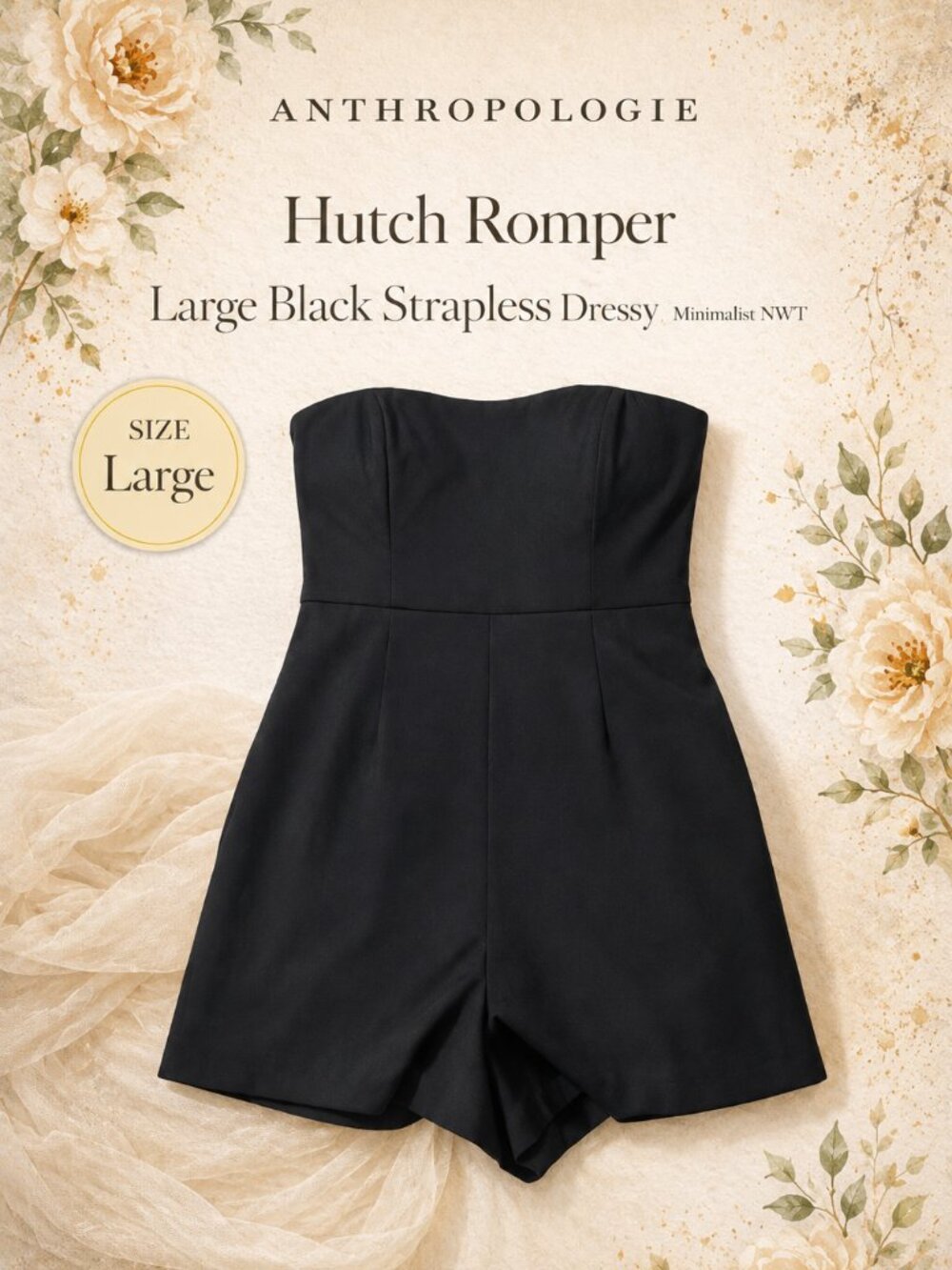 Anthropologie Hutch Strapless Romper Black Large Dressy Minimal NWT